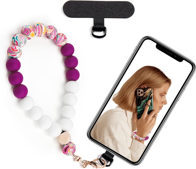 Lostars Store Silicone Beaded Phone Wrist Strap,Phone Bracelet Strap with Tether Tab,Elastic Hands-Free Wristlet Strap (Plum) - Image 1